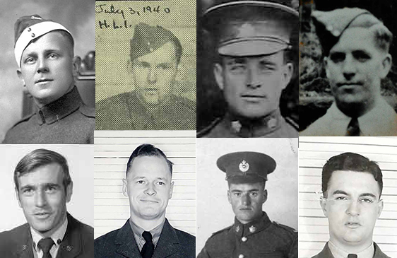 These men are among those who lived in Wellington County and died while serving in Canada's military. Top row, from left, Harry Saunders from Erin, Harold Downey from Drayton, John Aikens from Puslinch and Jack Stafford from Elora. Bottom row, from lef, Aubrey Woodham from Moorefield, Wes Harris from Rockwood, Vincent Hanson from Kenilworth and Thomas Bracey from Mount Forest.